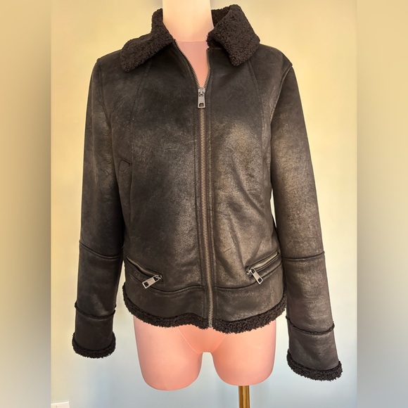 Banana Republic faux suede shearling bomber moto coat jacket full zip ladies S - Picture 1 of 5